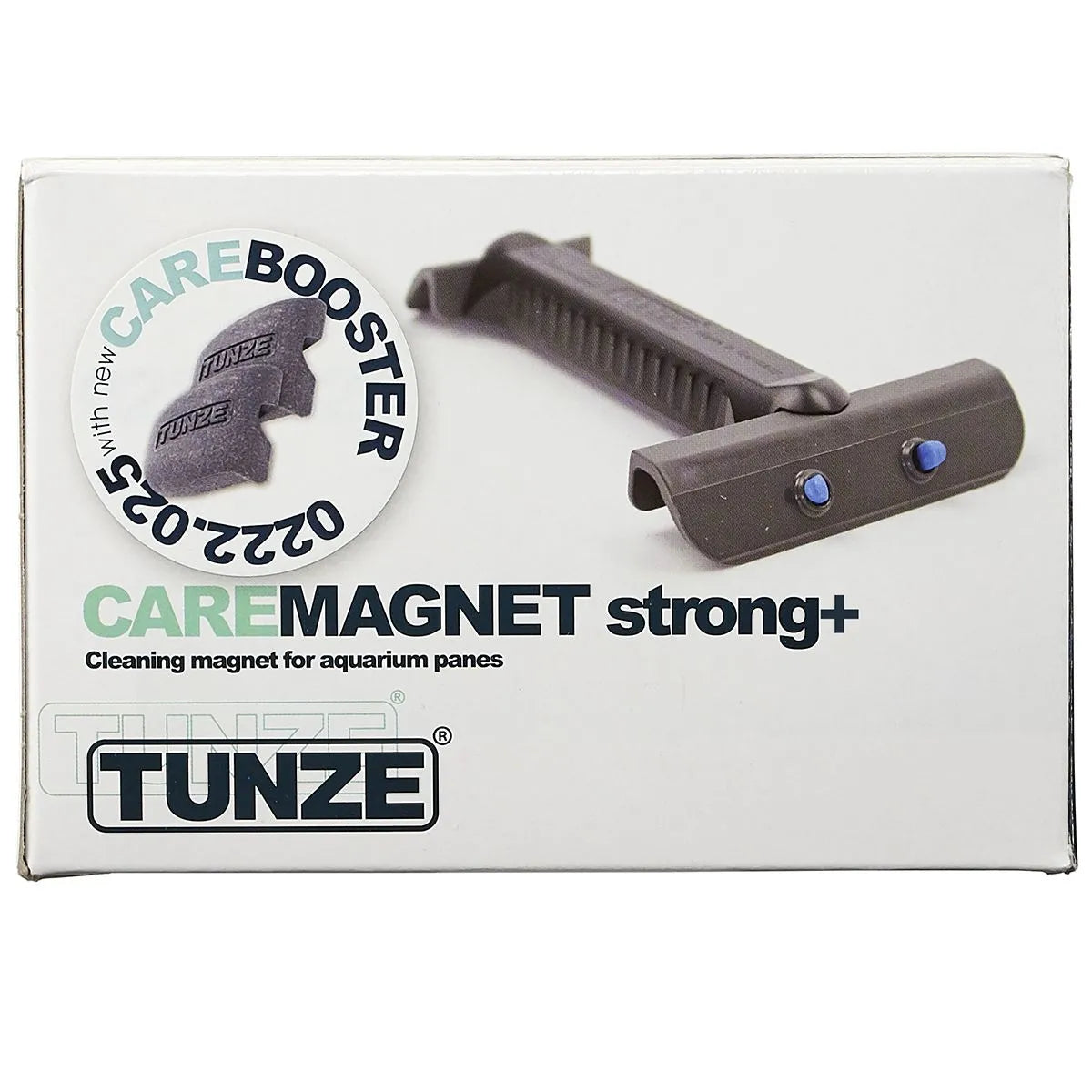 Tunze Care Magnet Strong+ cleaning magnet for aquarium pans, shown in its white retail packaging box with product imagery and branding.