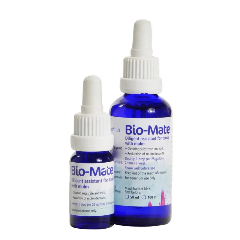Two blue glass dropper bottles of Bio-Mate diligent assistant for live with mumm, one 50ml and one 100ml, on a white background.