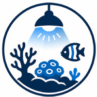 Icon of a shower with a fish, coral, and water droplet inside a circular border.