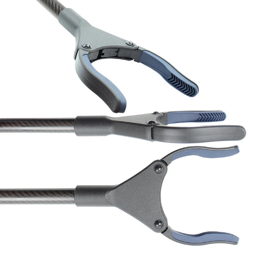 Three views of a robotic end-effector gripper with a gray carbon-fiber-look handle, dark gray body, and blue-gray textured fingers, shown on a white background.