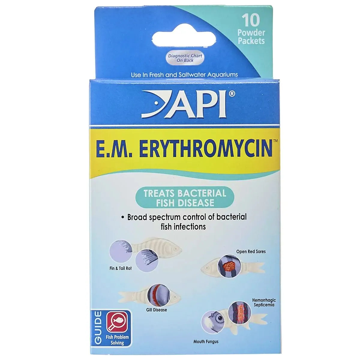 API E.M. Erythromycin packaging for treating bacterial fish disease on a white background