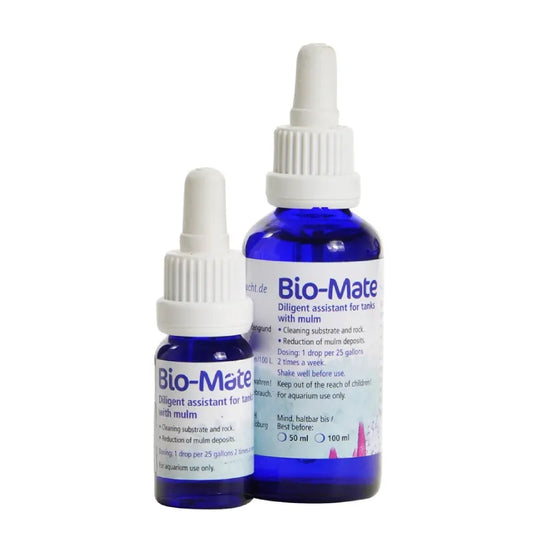 Two blue glass dropper bottles of Bio-Mate diligent assistant for live with mumm, one 50ml and one 100ml, on a white background.