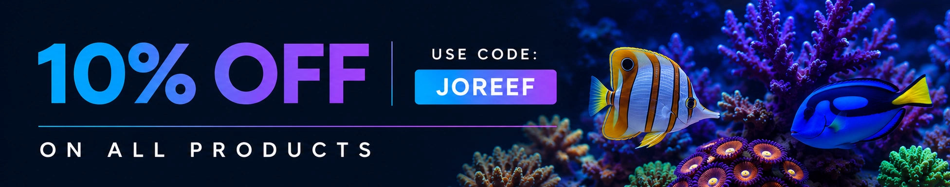 Promotional banner with the text '10% OFF ON ALL PRODUCTS' and 'USE CODE: JOREEF' over an underwater coral reef scene with colorful fish.