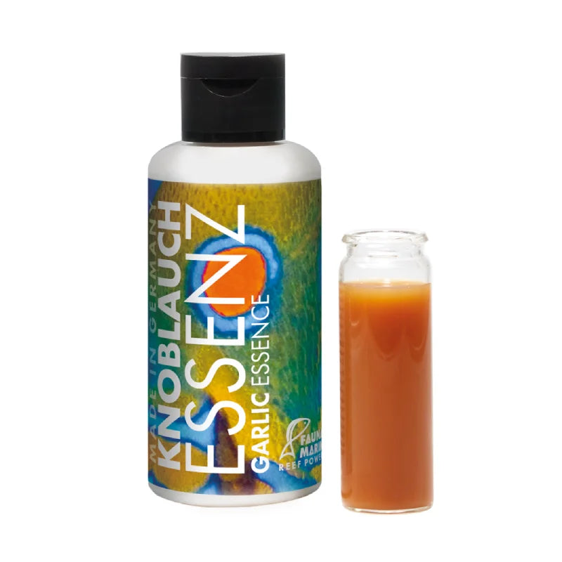 A bottle of Knoblauch Essenz Garlic Essence next to a small glass vial filled with the amber-colored liquid, on a plain white background.