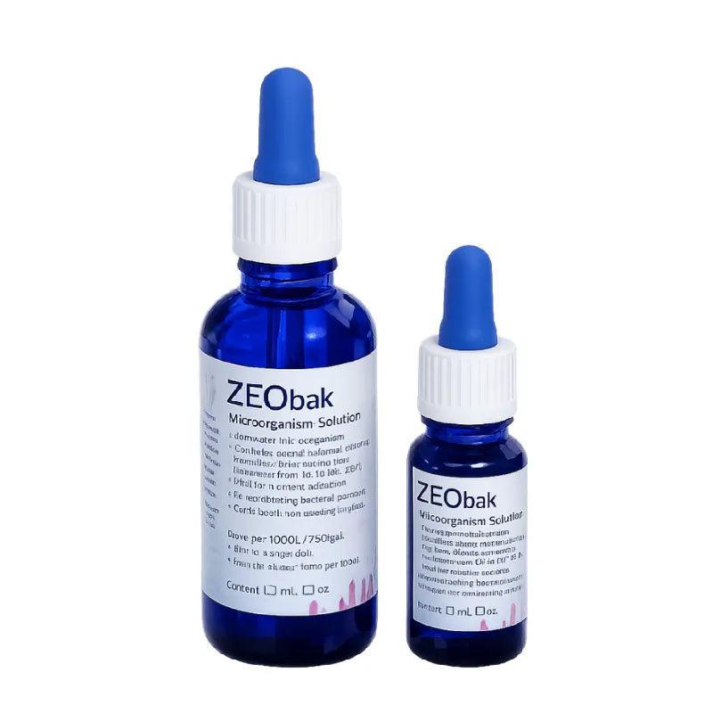 Two blue glass dropper bottles of ZEObak Microorganism Solution on a plain white background, one larger bottle and one smaller bottle.