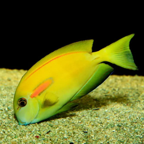 A live tropical fish, likely a damselfish, with a bright yellow body, green and blue fins, and a thin orange stripe, swimming over sandy substrate against a black background.