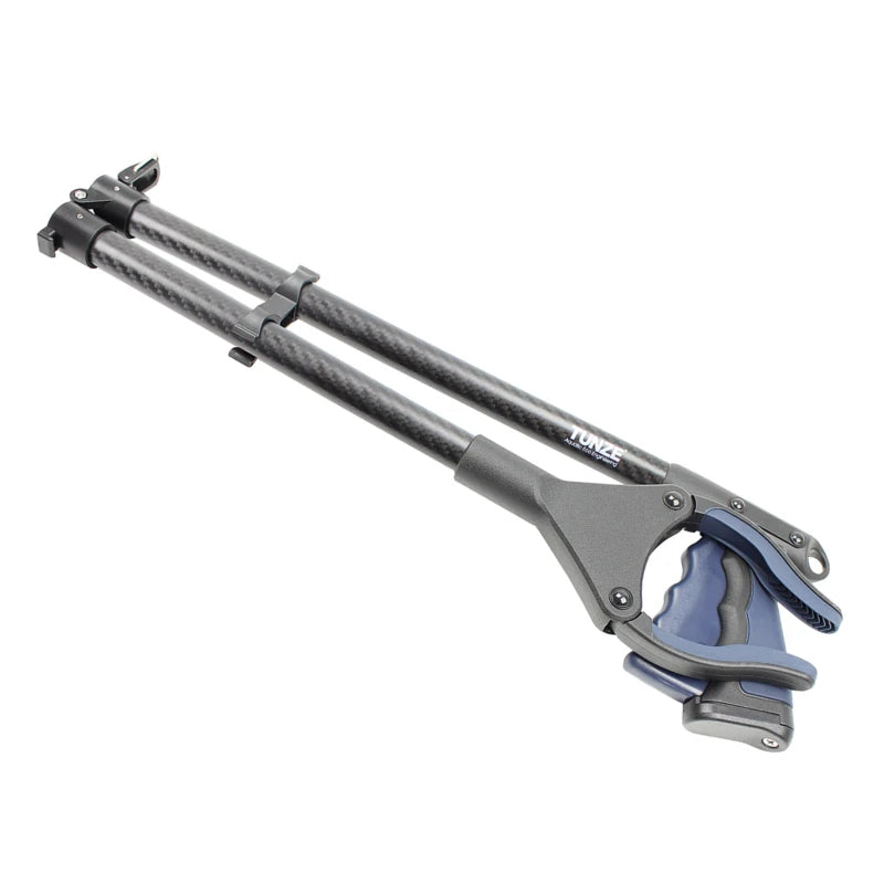 A JUNGES carbon fiber tripod leg extension with a gray metal clamp and blue accents, shown on a solid white background.