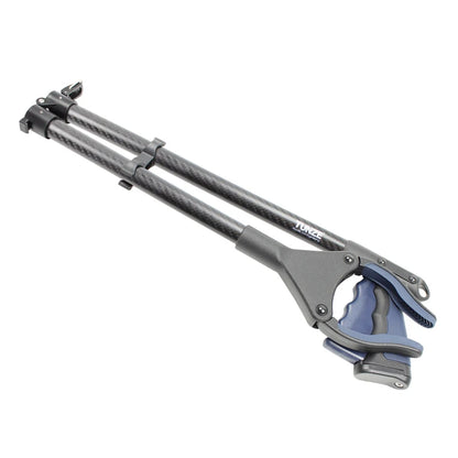 A JUNGES carbon fiber tripod leg extension with a gray metal clamp and blue accents, shown on a solid white background.