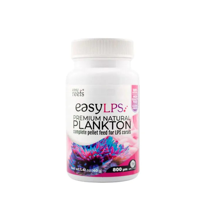 A white plastic bottle of easyLPS Premium Natural Plankton complete pellet feed for LPS corals, featuring a colorful pink and blue coral graphic on the label, set against a plain white background.