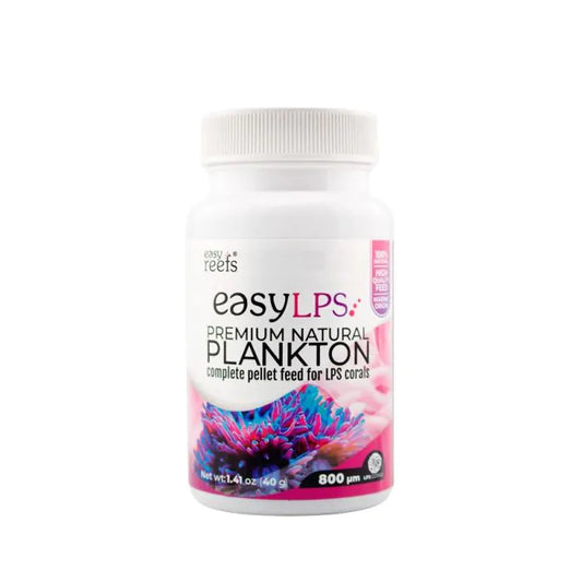 A white plastic bottle of easyLPS Premium Natural Plankton complete pellet feed for LPS corals, featuring a colorful pink and blue coral graphic on the label, set against a plain white background.
